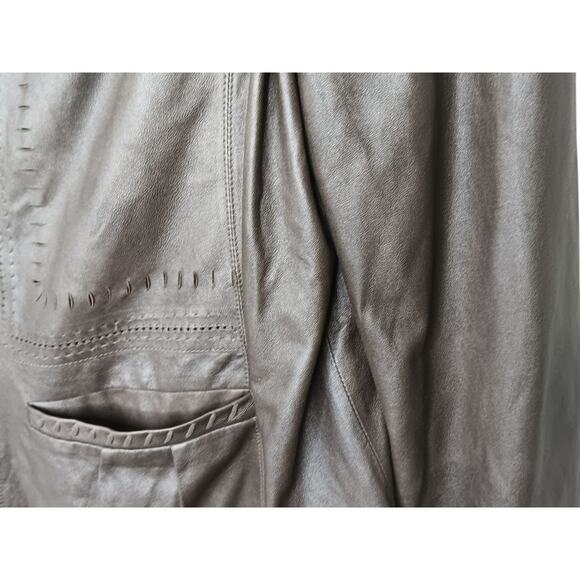 Tahari Woman 100% Leather Jacket Brown Suede Trim Open Front Pockets Boho Chic L - Picture 11 of 16